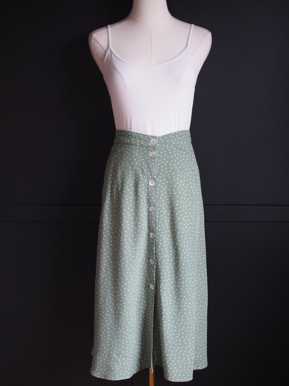 Final Touch | Polka Dot Button-Down Midi Skirt in Sage